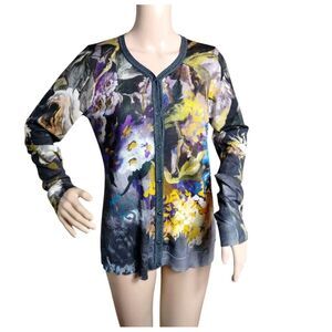 Escada Cardigan Sweater Woman's Medium Multicolored‎ Virgin Wool Silk Floral